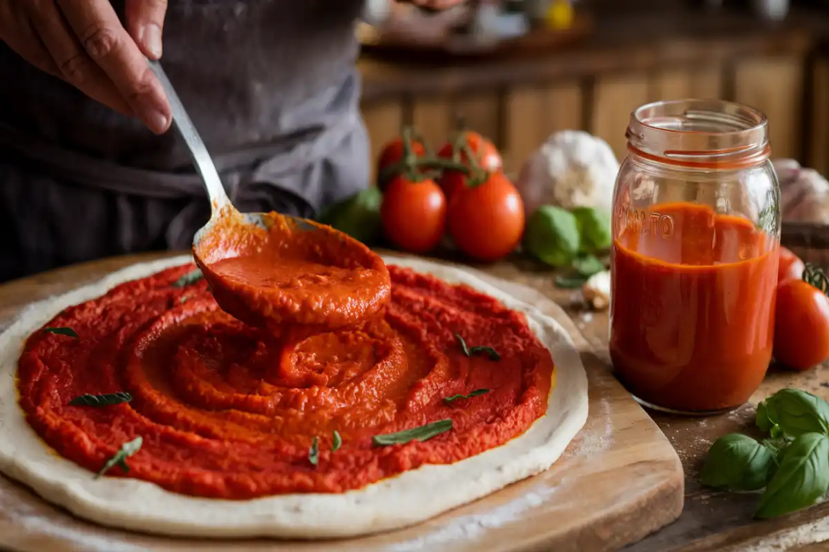 Pizza chef spreading pizza sauce on dough with tomato puree jar beside it, showing the difference in texture.