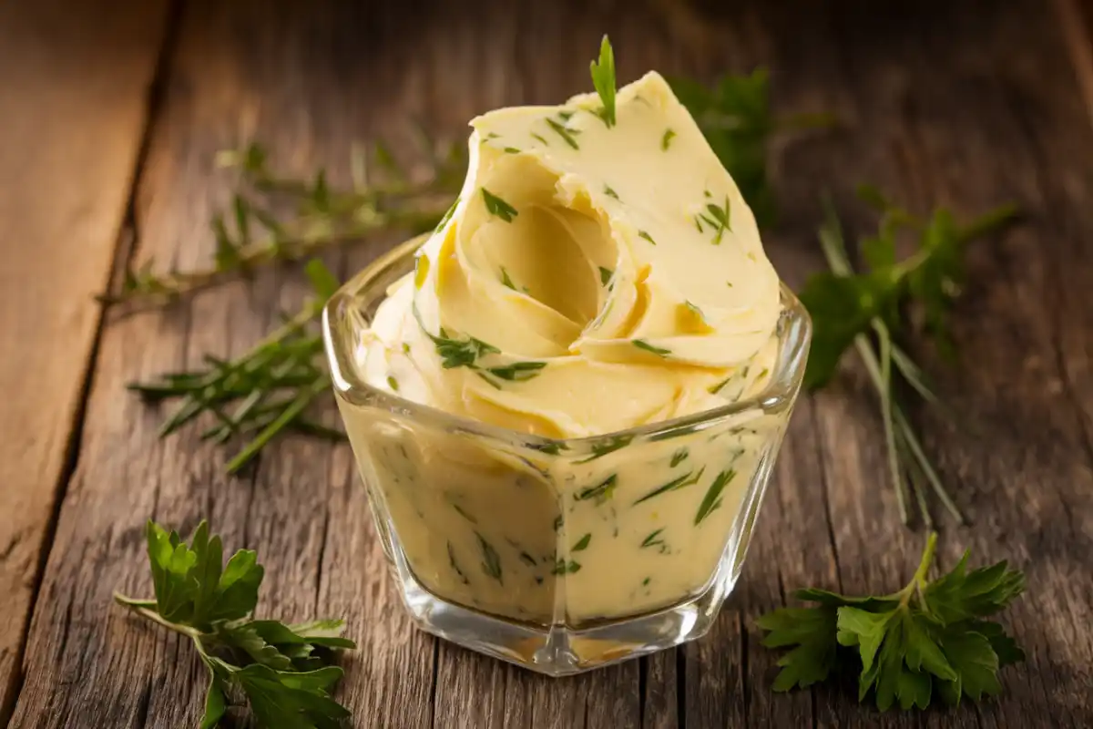 A bowl of cowboy butter with fresh herbs for flavor and storage tips to keep it fresh longer.