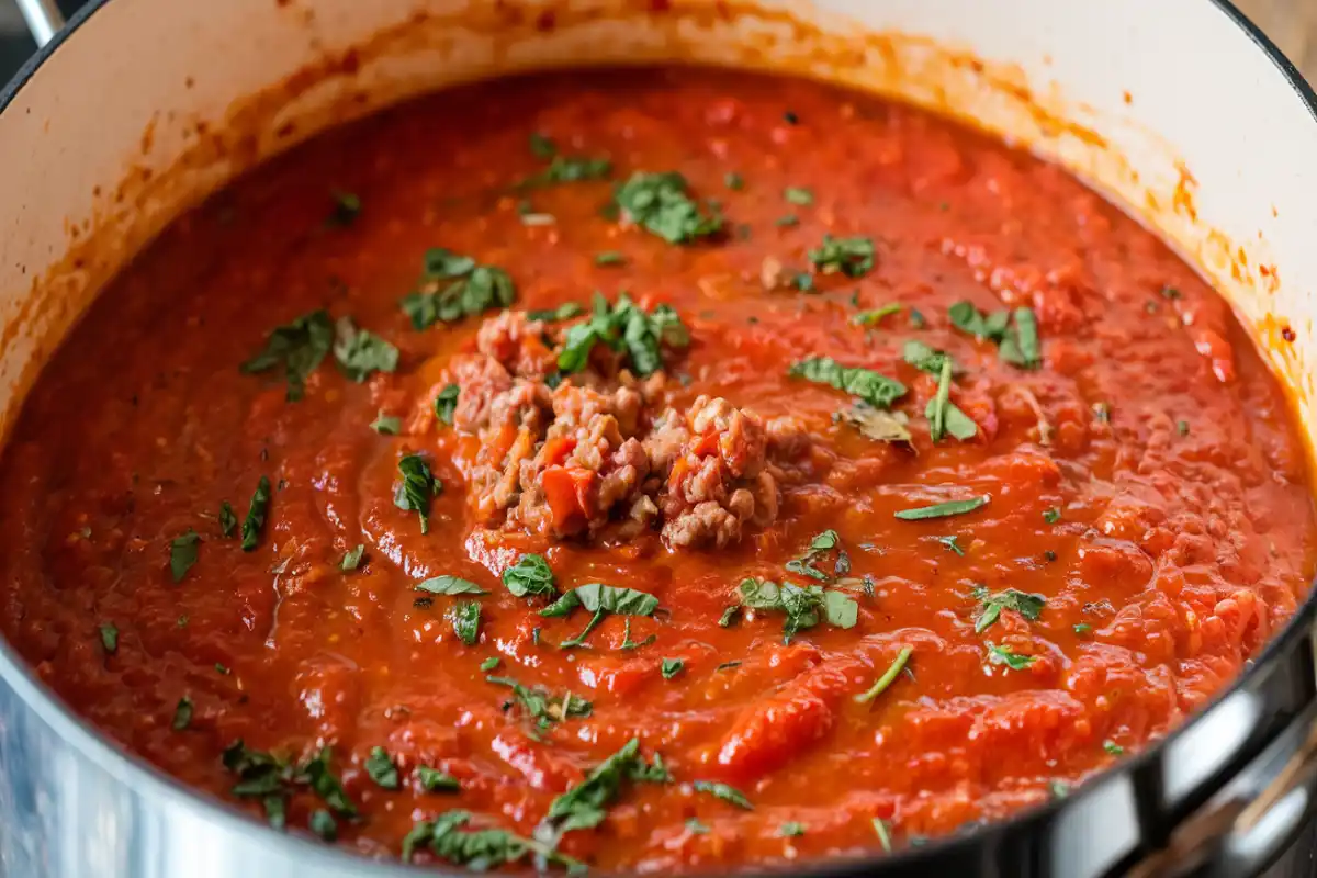 Close-up of a simmering tomato sauce flavored with meat