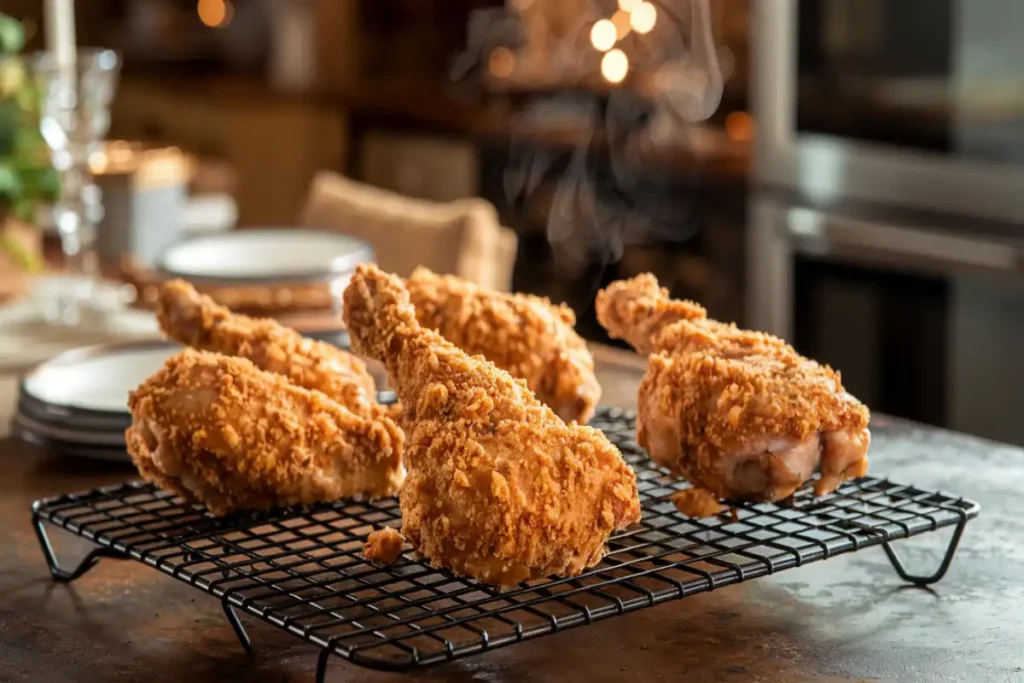 Crispy Shake and Bake chicken on a wire rack with golden brown crust.