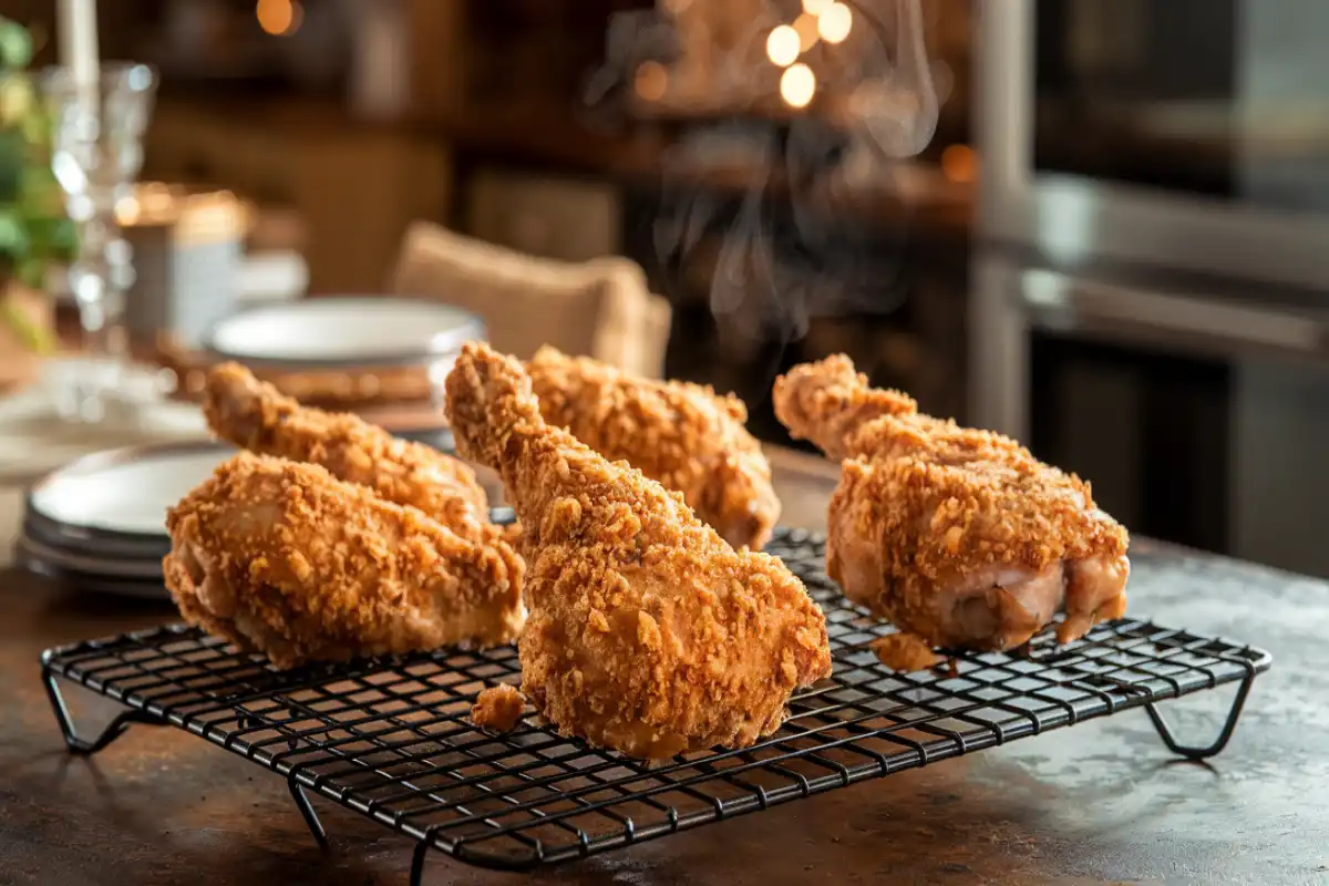 Crispy Shake and Bake chicken on a wire rack with golden brown crust.