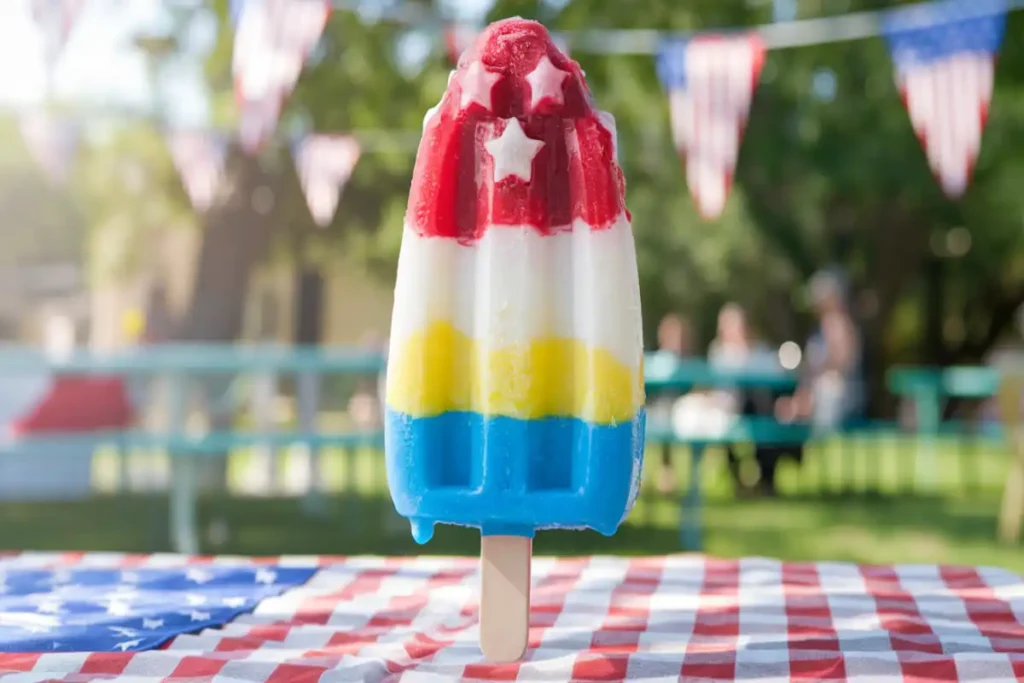 Red, white, and blue firecracker popsicle in rocket shape with a summer picnic background.