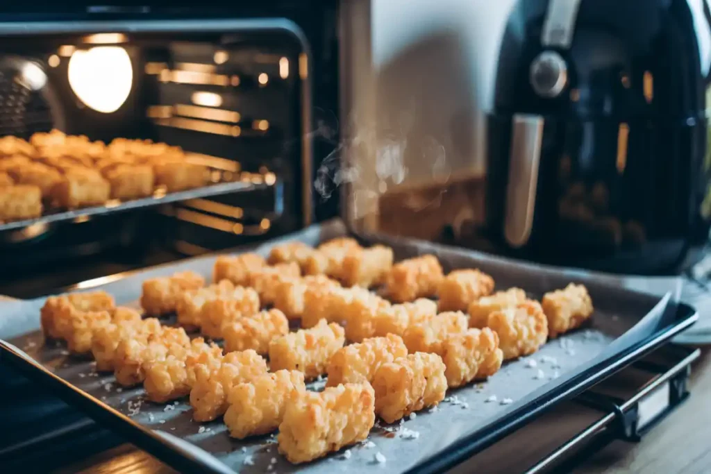 Golden crispy tater tots freshly baked on parchment paper