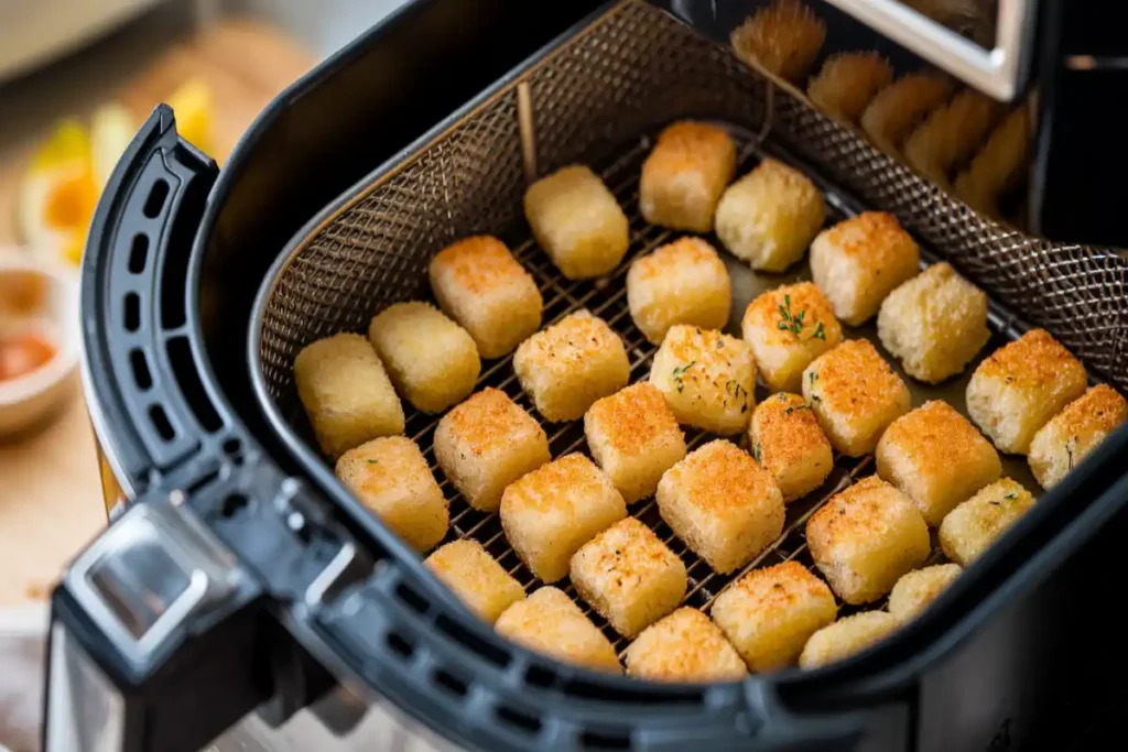 Frozen tater tots cooking in an air fryer basket