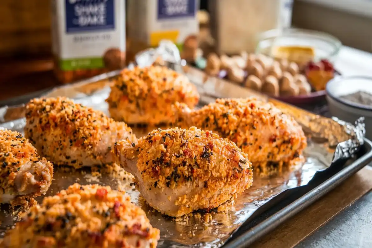 Crispy chicken coated in Shake and Bake seasoning, fresh out of the oven on a baking sheet.