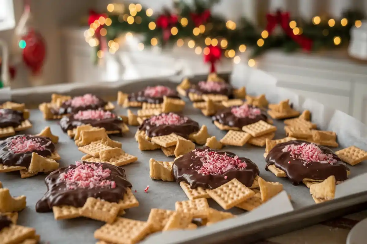 Golden Christmas Crack candy with chewy and crispy textures on a baking tray