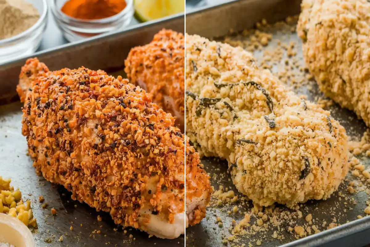 Comparison of crispy chicken coated with Shake 'N Bake and bread crumbs highlighting texture and flavor differences.