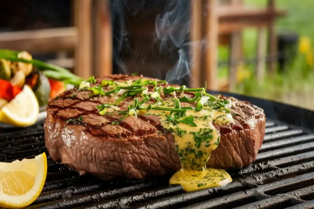 Close-up of steak drizzled with melting cowboy butter, herbs, and garlic on a grill, with roasted vegetables and lemon wedges.