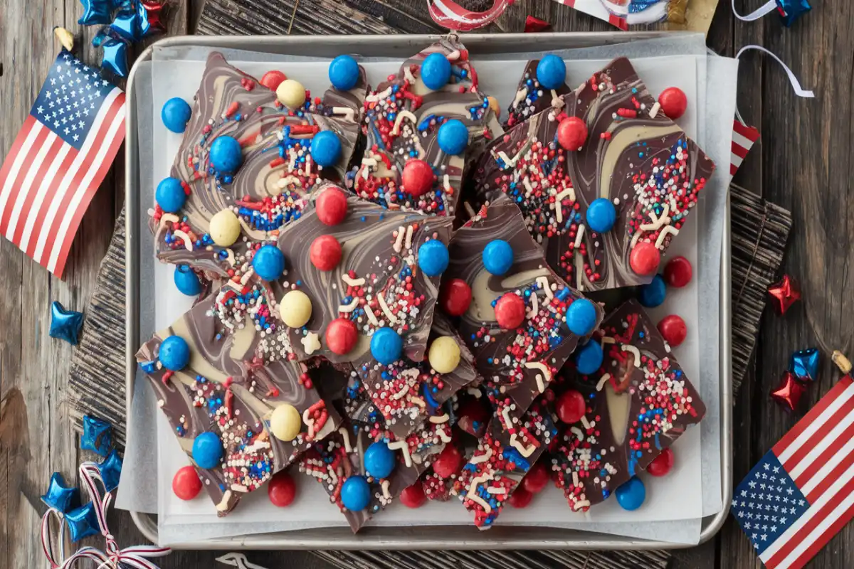 Festive patriotic bark with red, white, and blue sprinkles, candy melts, and M&Ms