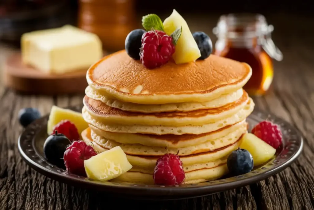 Stack of fluffy pancakes with fresh fruit inside, topped with syrup and fruit slices.