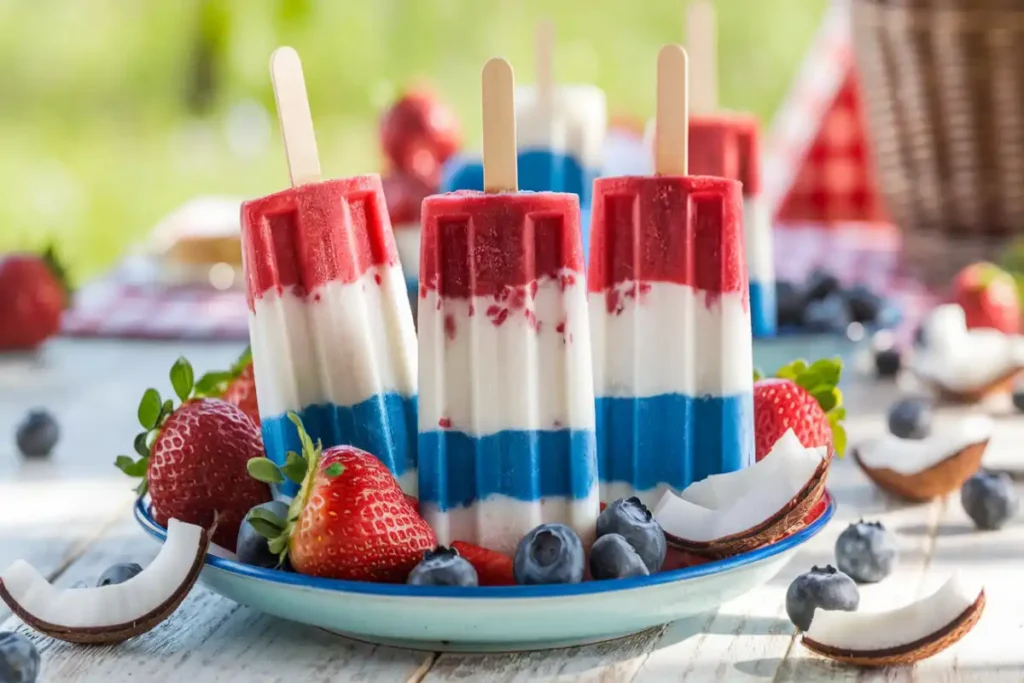 Patriotic popsicles with fresh fruit, perfect for summer celebrations.