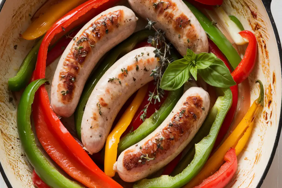 Colorful chicken and turkey sausages with sautéed peppers and onions in a skillet.