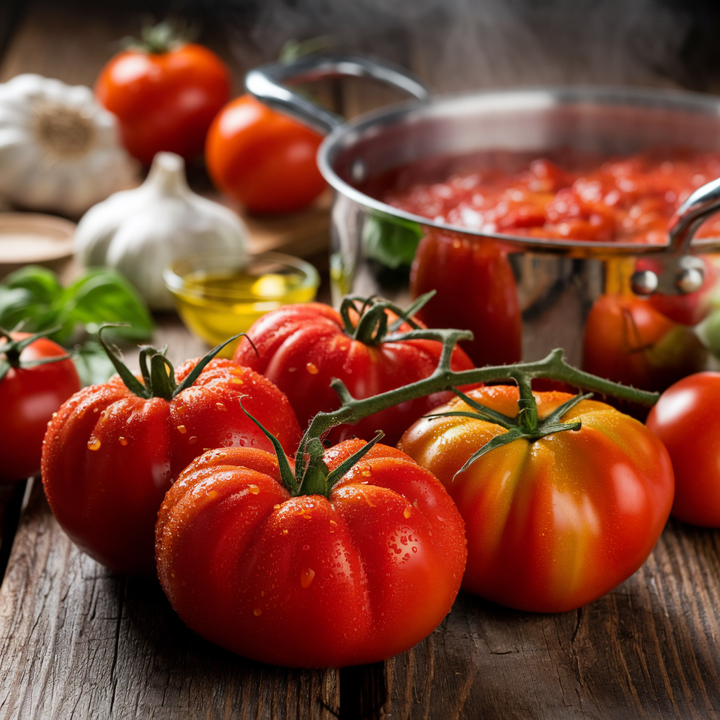 Fresh San Marzano and Roma tomatoes on a rustic table, ideal for making sweet pizza sauce.