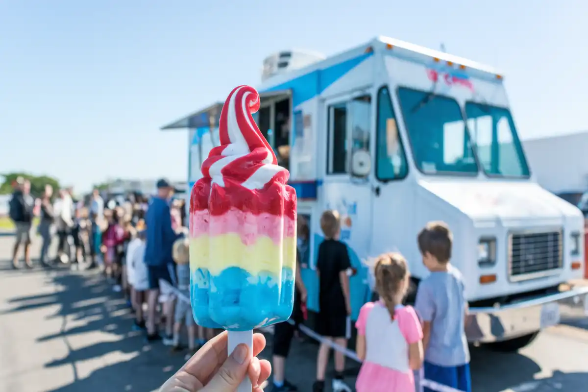 Red, white, and blue Bomb Pop held up against the sky, symbolizing a nostalgic ice cream truck treat.