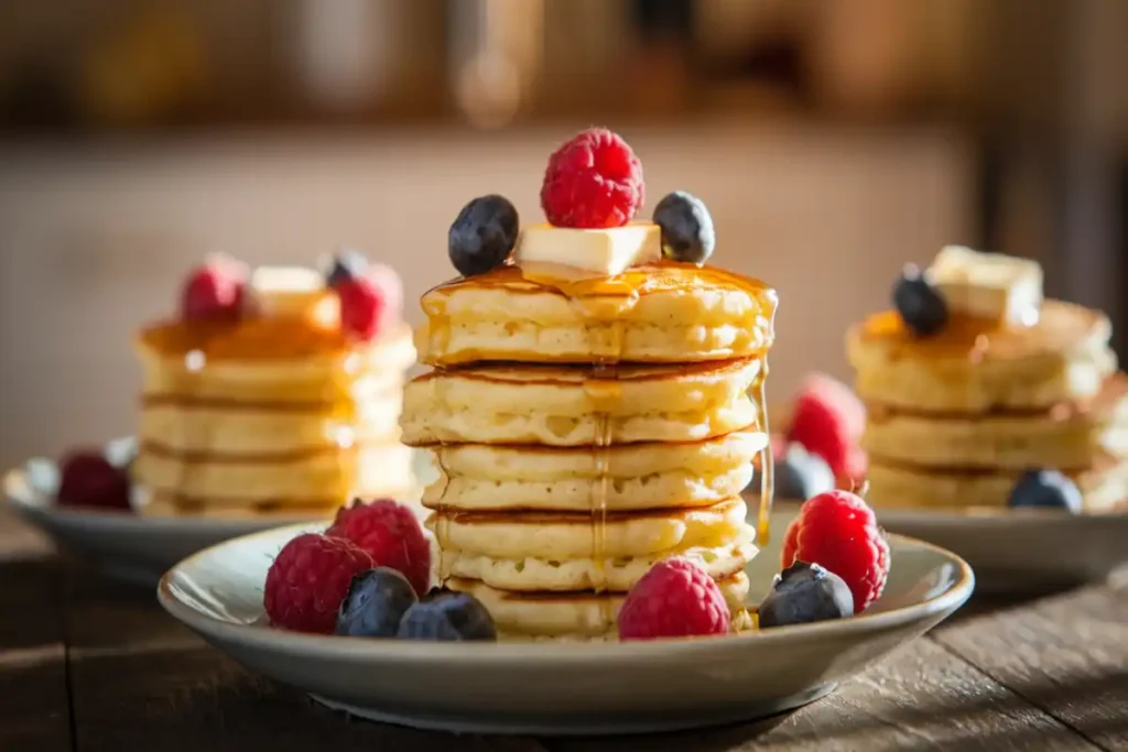 A stack of mini pancakes with fresh berries, syrup, and butter on a rustic table, showcasing a delicious breakfast option.