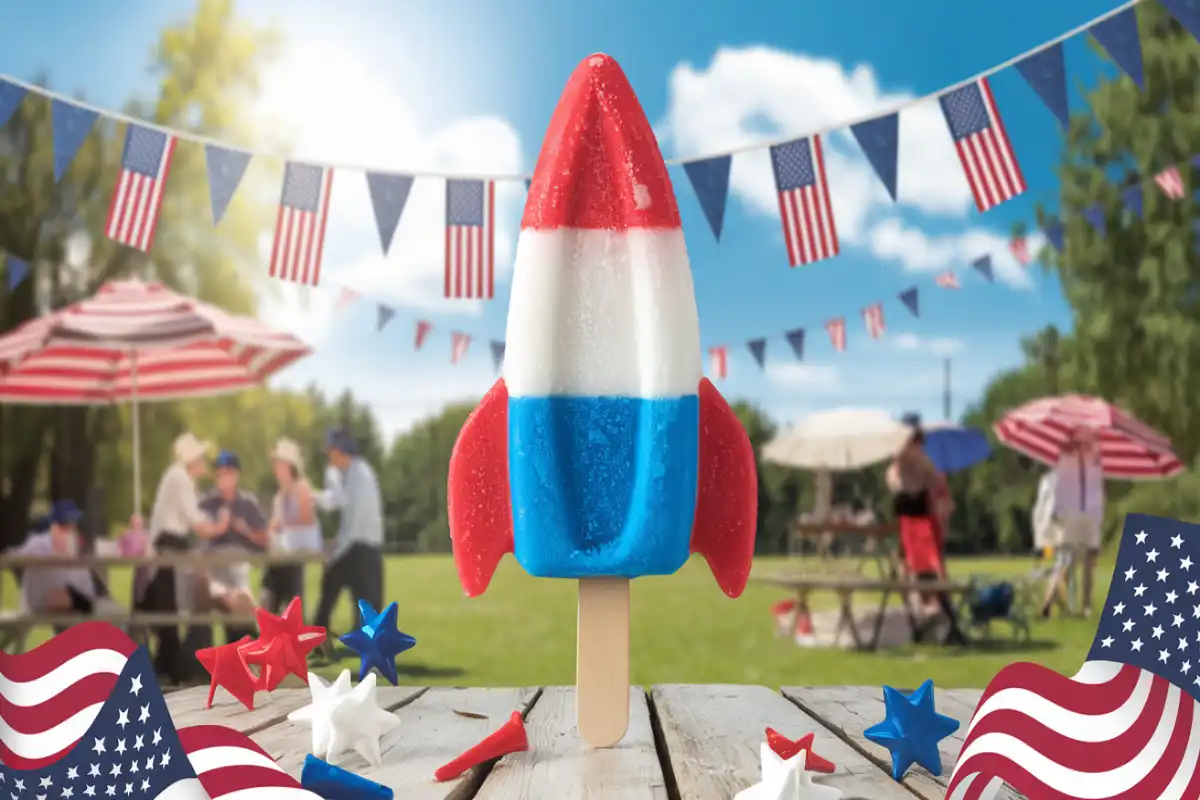 A red, white, and blue popsicle with cherry, lime, and blue raspberry layers, set against a summer background.