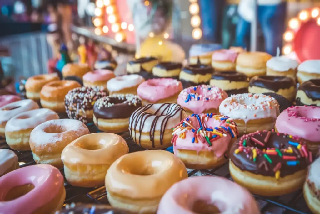 Colorful mini donuts with different toppings displayed at a festival.