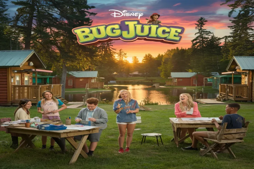 A picturesque summer camp scene from Disney's Bug Juice with campers by the lake.