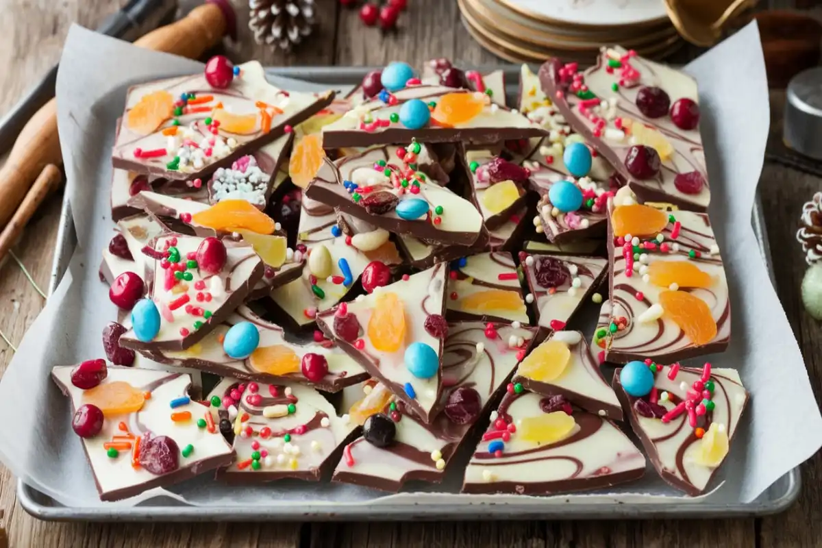 Tray of chocolate bark topped with sprinkles, nuts, and dried fruit on a rustic wooden table.