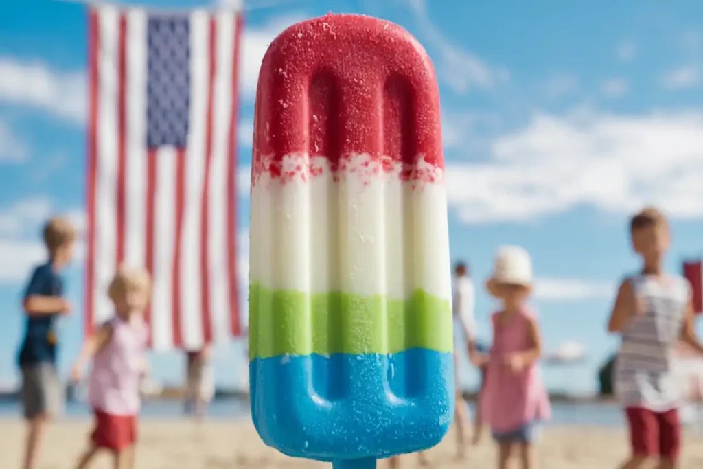 Red, white, and blue ice pop with cherry, lime, and blue raspberry layers against a summer background.