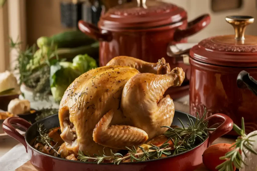 Golden roasted French chicken served with herbs and vegetables in a traditional French kitchen setting.