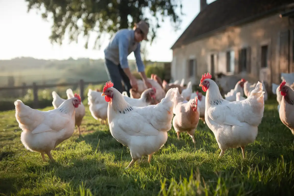 Bresse chickens roaming freely in a French farm, showcasing their distinctive white feathers, blue legs, and natural environment.