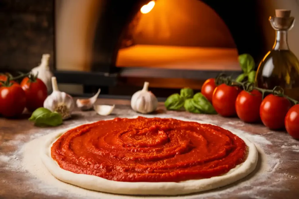 Homemade pizza with rich red tomato sauce, fresh basil, garlic, and olive oil on a rustic kitchen counter.