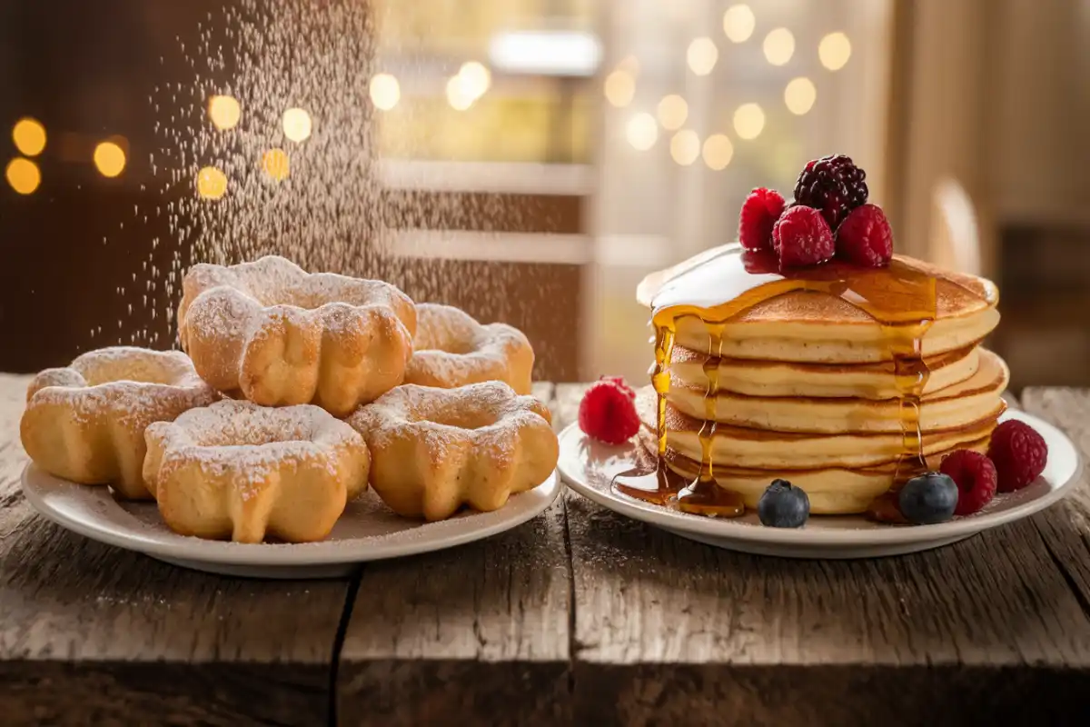 Close-up of Dutch poffertjes with powdered sugar next to classic pancakes topped with berries and syrup, showing texture differences.