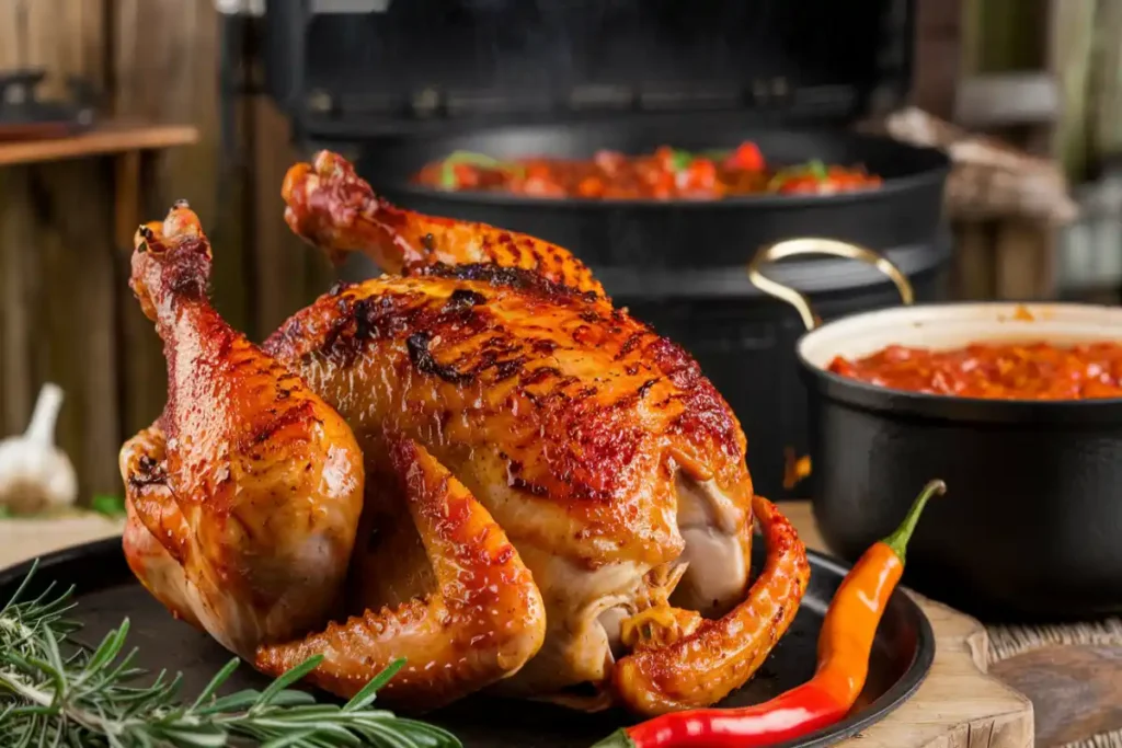 A crispy grilled Devil Chicken with chili peppers, herbs, and a side of smoky tomato sauce.