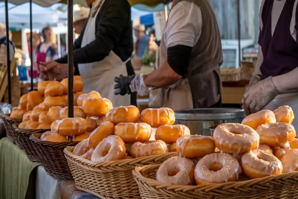 Amish bakers showcasing fresh golden donuts at a market.