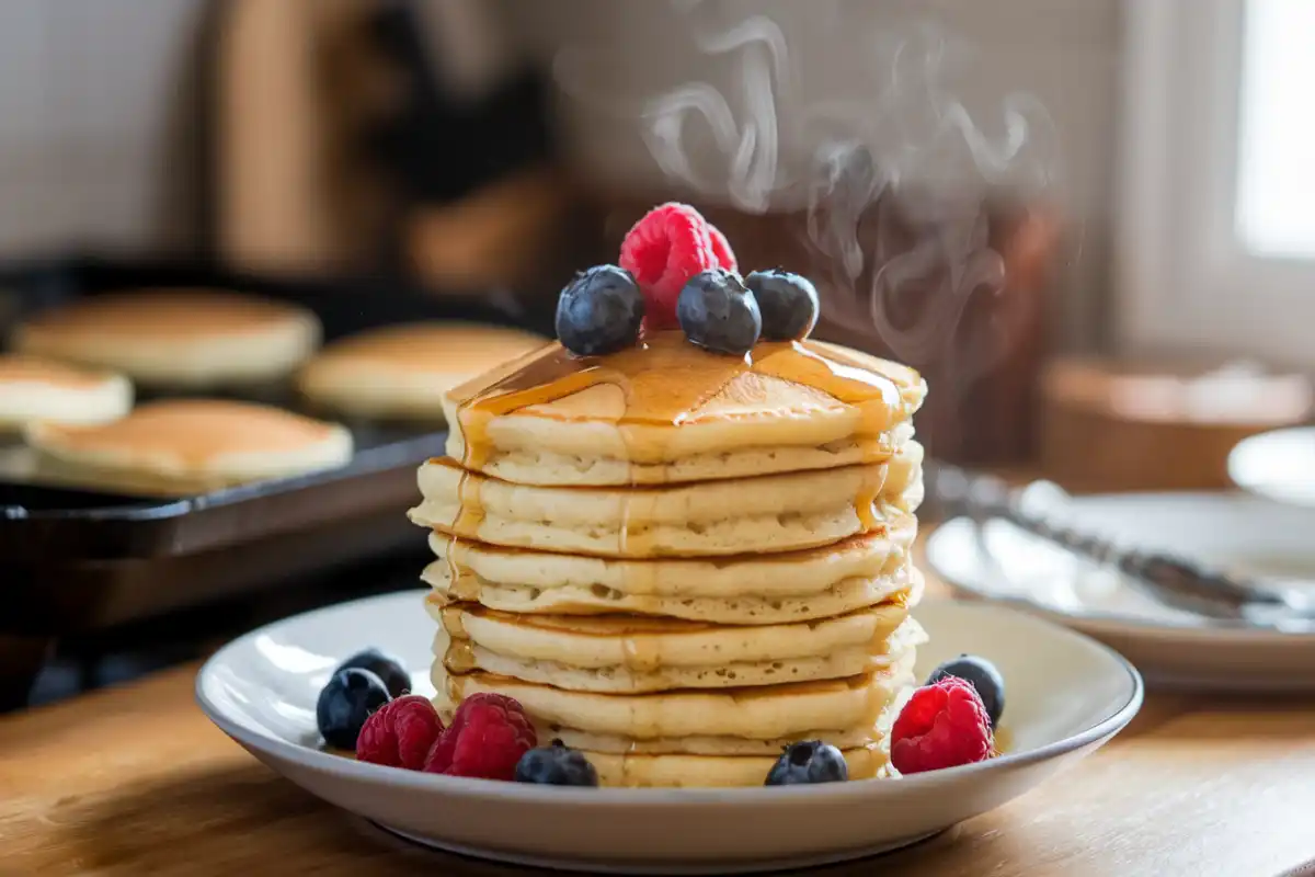 Stack of fluffy, restaurant-style pancakes topped with syrup and fresh berries, showing why restaurant pancakes are so fluffy.