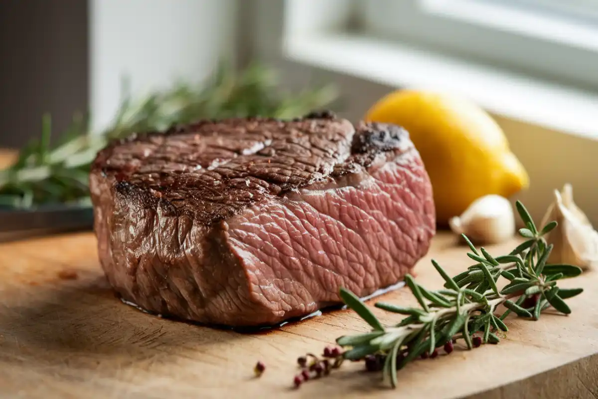 Why does my beef taste gamey? A close-up of a seared steak with herbs, reflecting rich beef flavor preparation.