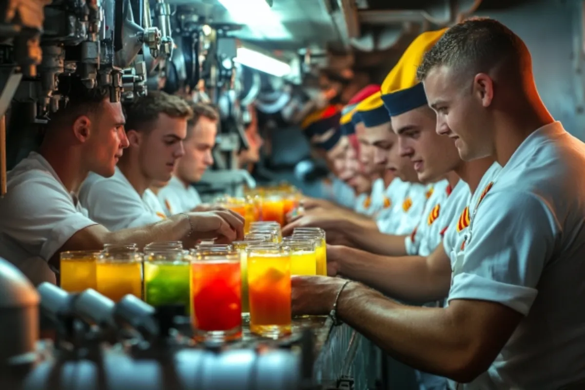 Sailors in a Navy mess hall enjoying brightly colored bug juice, symbolizing camaraderie and naval tradition.