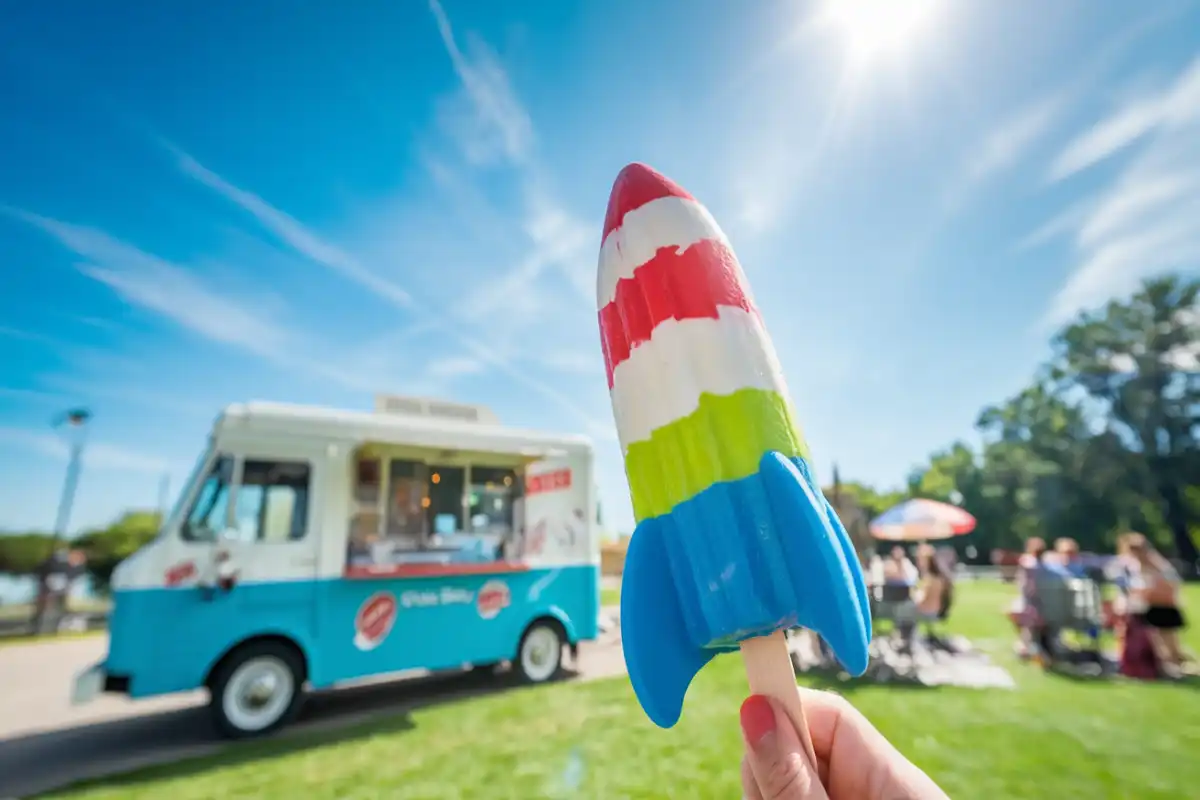 Vibrant red, white, and blue Bomb Pop held up to the sky on a sunny day, symbolizing American summer traditions.