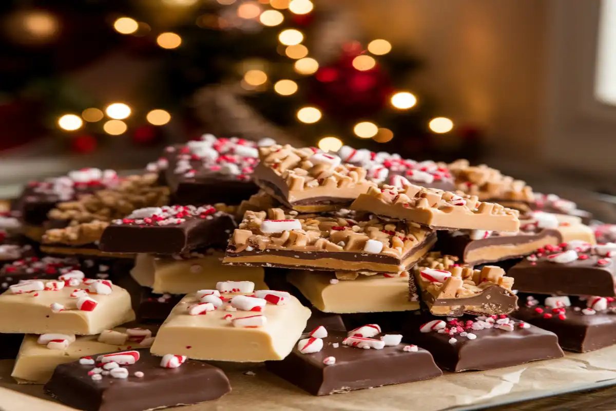 Christmas Crack with smooth and gritty textures on a holiday tray