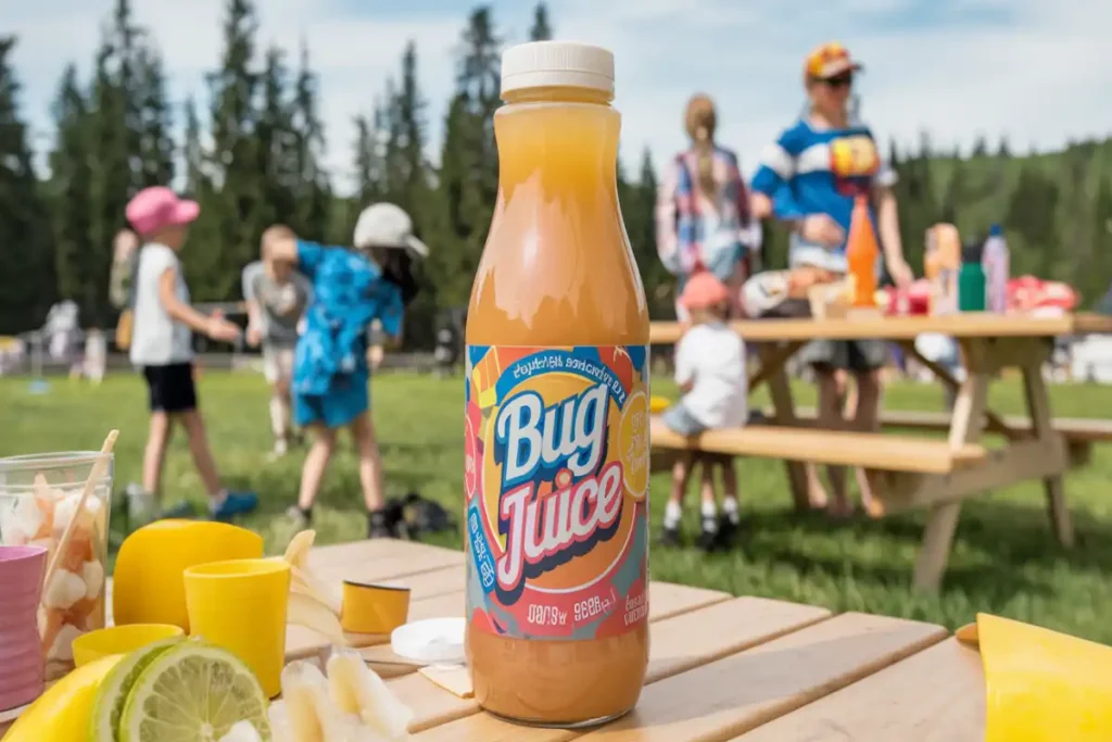 Colorful Bug Juice bottle from the 90s, set against a summer camp backdrop, representing childhood nostalgia and fun outdoor activities.