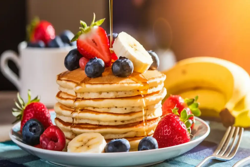 Stack of pancakes topped with fresh fruits like strawberries, blueberries, and bananas with honey drizzle.