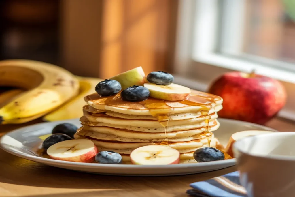 A stack of pancakes with fresh fruit like bananas, blueberries, and apples, drizzled with maple syrup, showcasing a nutritious breakfast.