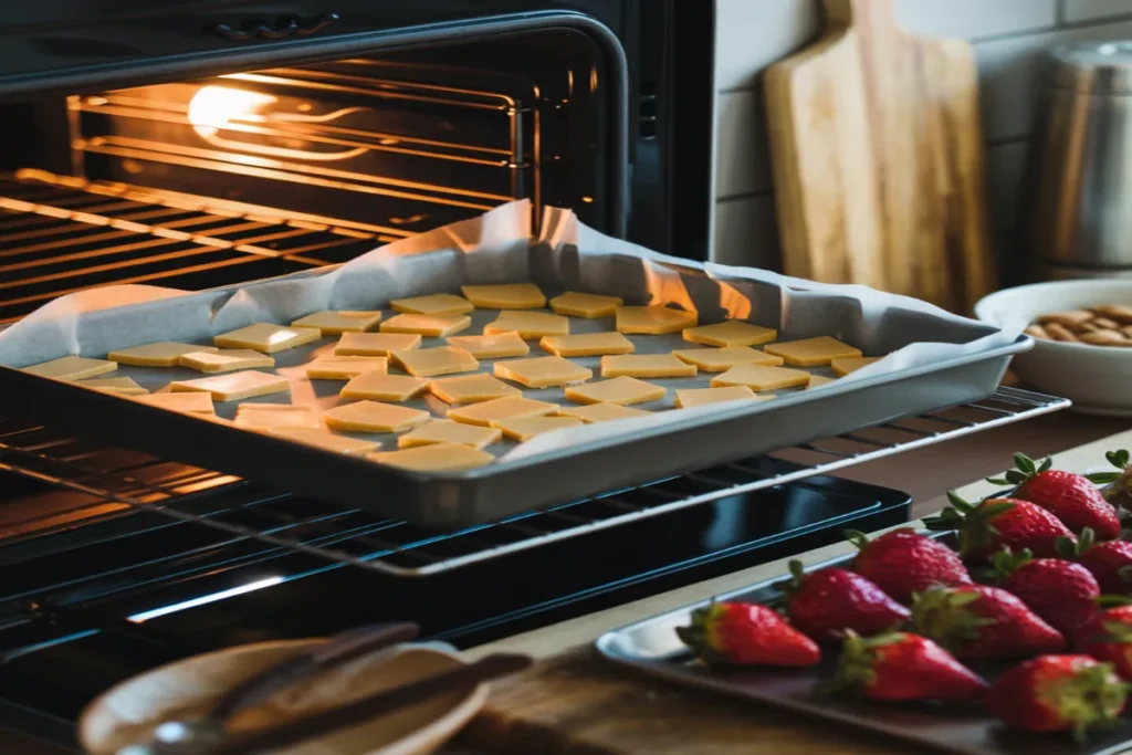 Almond bark melting in an oven, perfect for dipping and drizzling