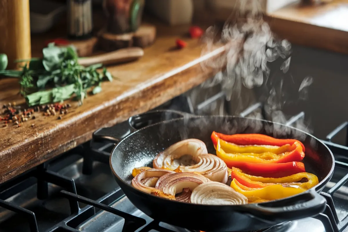 Caramelized onions and sautéed bell peppers cooking in a skillet, surrounded by fresh herbs on a kitchen countertop.