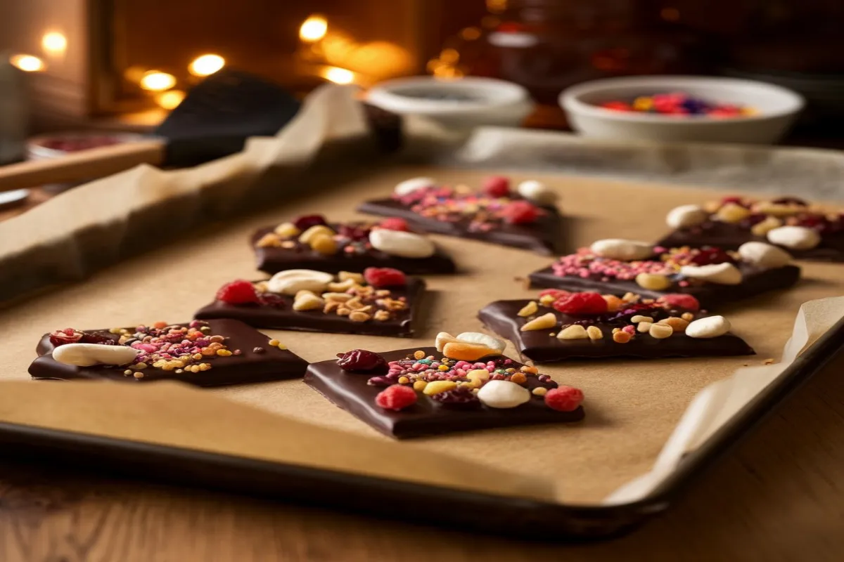 Chocolate bark on a parchment-lined baking sheet topped with nuts and fruits.