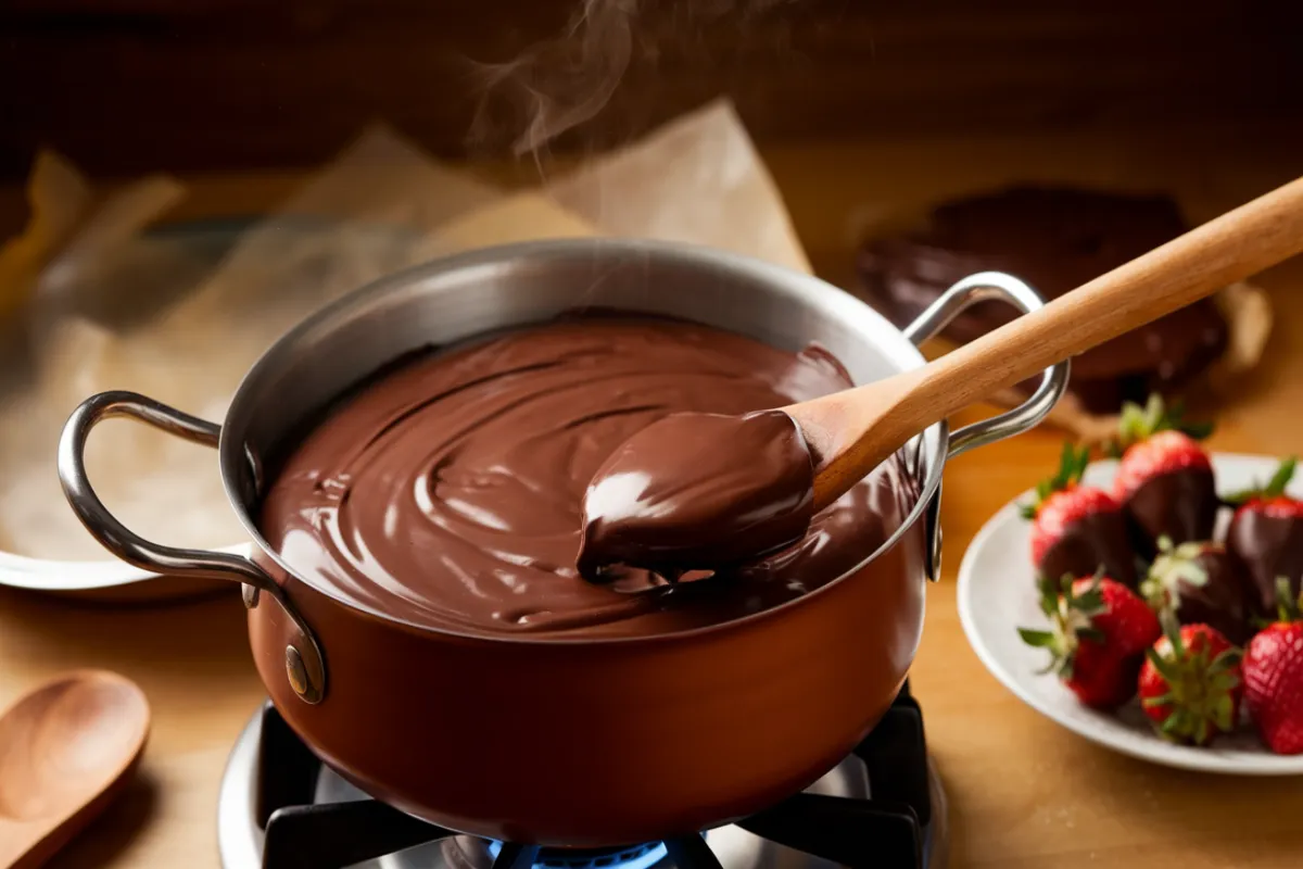 Chocolate bark melting in a double boiler on the stove, with a spoon, parchment paper, and strawberries for dipping.