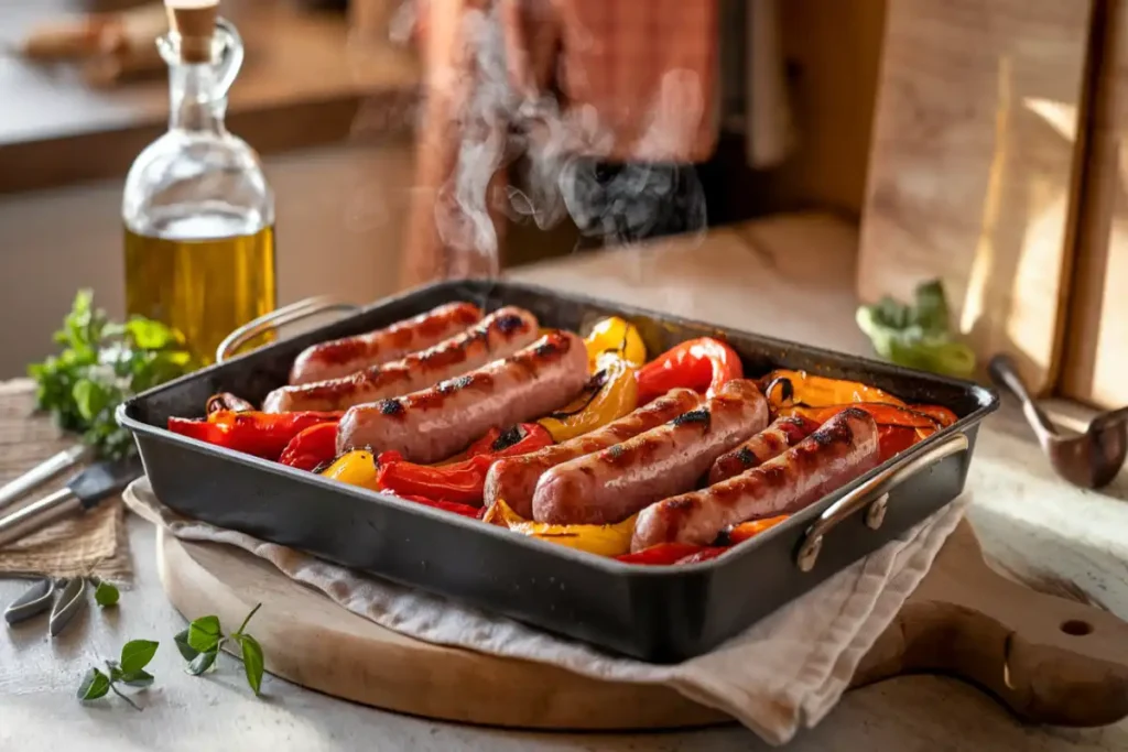 Tray of roasted sausage, peppers, and onions fresh out of the oven, garnished with fresh herbs.