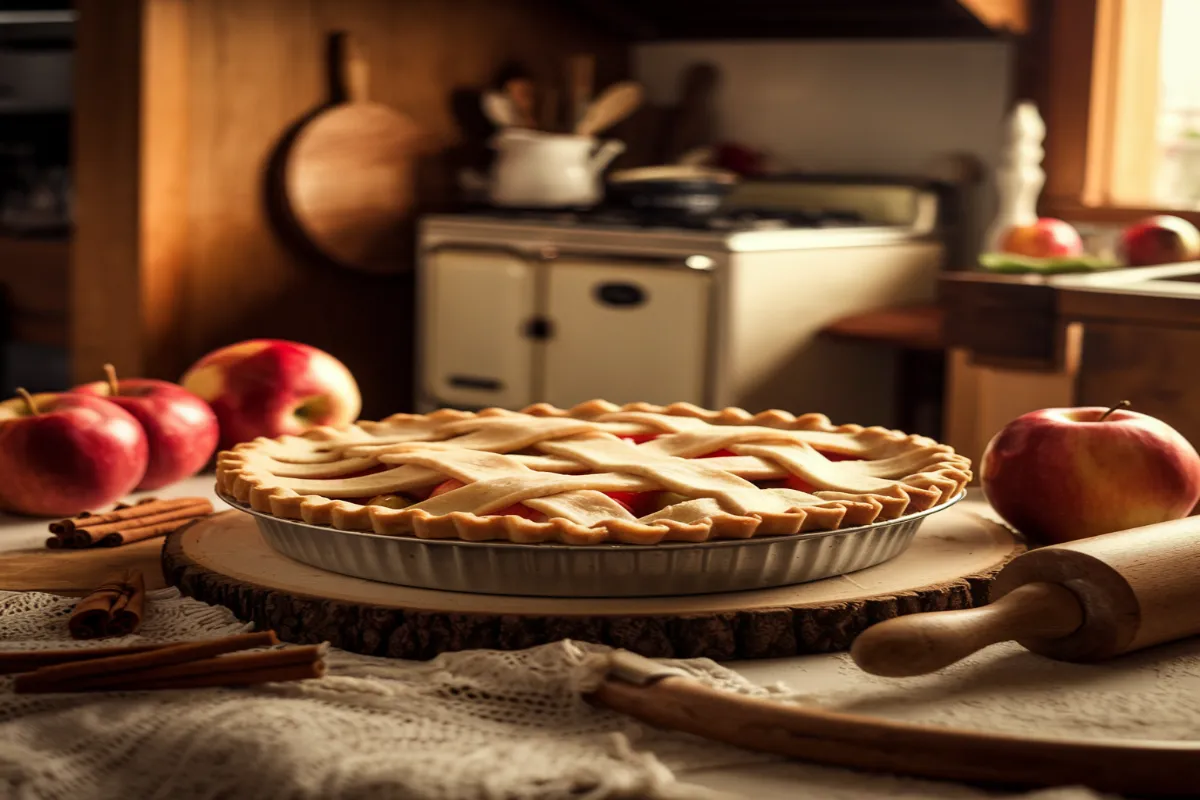 A classic apple pie on a rustic table with an American flag in the background, symbolizing warmth, tradition, and American culture.