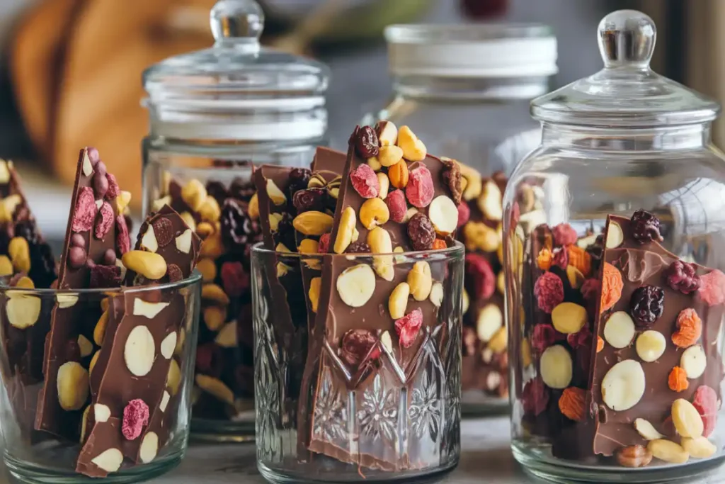 Close-up of chocolate bark with nuts and dried fruits stored in decorative glass jars