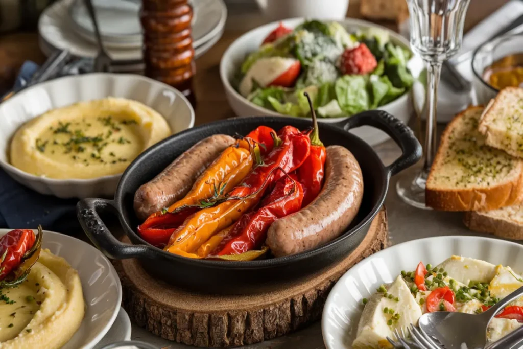 A plate of sausage and peppers with colorful sides like polenta and Caesar salad.