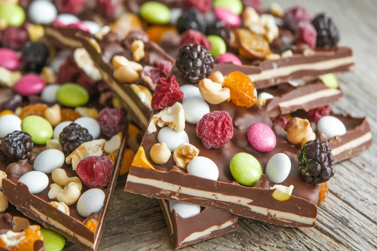 Close-up of chocolate bark with toppings like dried fruits, nuts, and candies