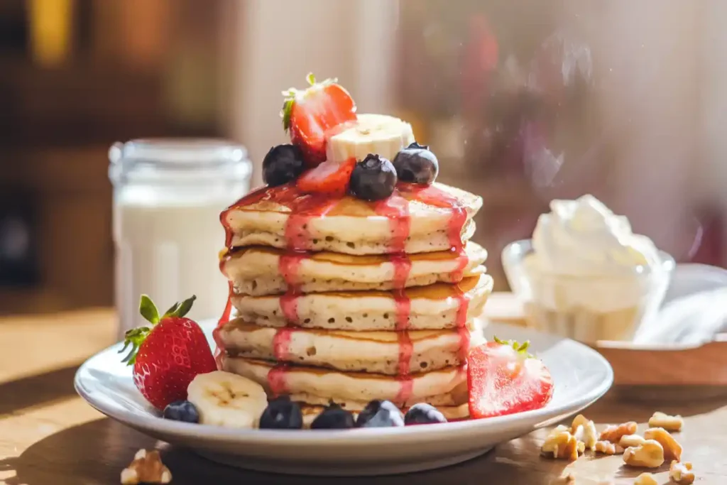 Stack of pancakes with fresh fruit toppings including strawberries, blueberries, and bananas, drizzled with syrup.