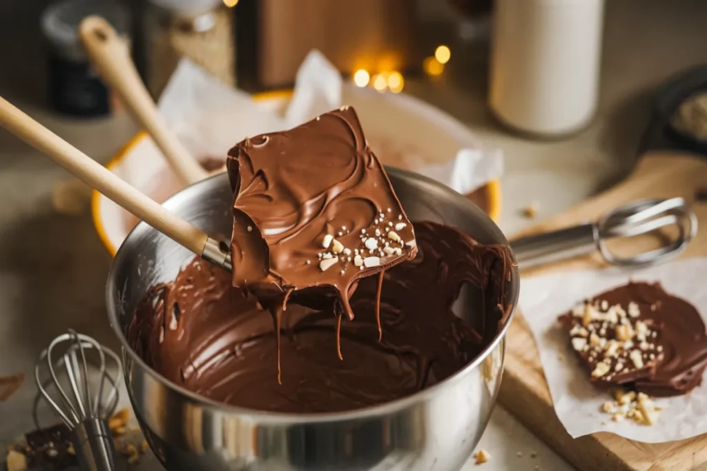 Bowl of melted almond bark with baking tools in a warm kitchen setting.