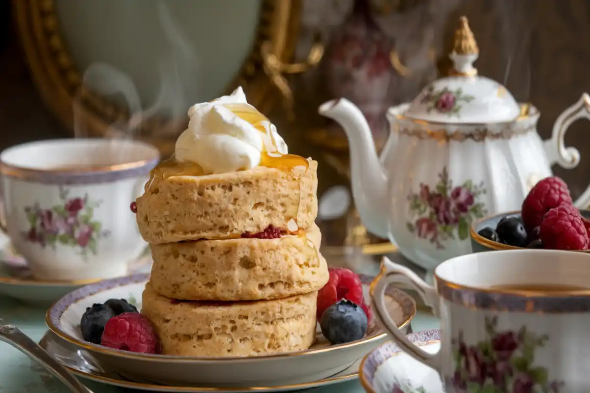 Traditional drop scones with honey and clotted cream served in a royal-inspired setting.